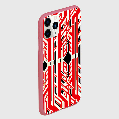 Чехол iPhone 11 Pro матовый Бело-красные техно полосы на чёрном фоне / 3D-Малиновый – фото 2