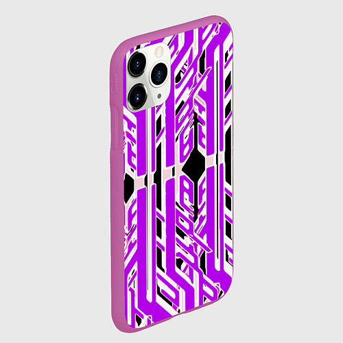 Чехол iPhone 11 Pro матовый Бело-фиолетовые техно полосы на чёрном фоне / 3D-Фиолетовый – фото 2