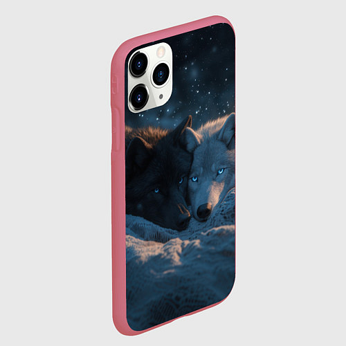 Чехол iPhone 11 Pro матовый Влюбленные волки лежат вместе / 3D-Малиновый – фото 2