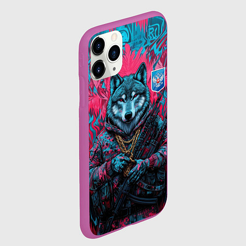 Чехол iPhone 11 Pro матовый Волк с гербом РФ / 3D-Фиолетовый – фото 2