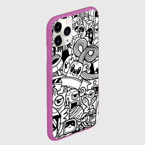 Чехол iPhone 11 Pro матовый Black and white doddle monsters / 3D-Фиолетовый – фото 2