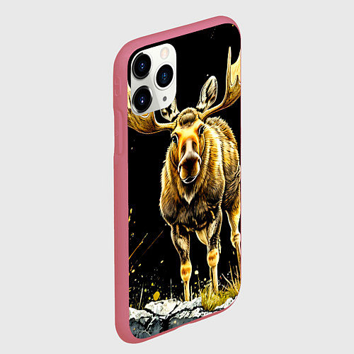 Чехол iPhone 11 Pro матовый Лось на черном / 3D-Малиновый – фото 2