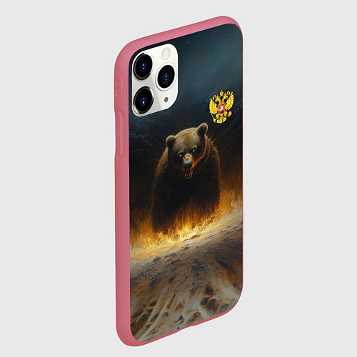 Чехол iPhone 11 Pro матовый Русский медведь в огненном поле / 3D-Малиновый – фото 2