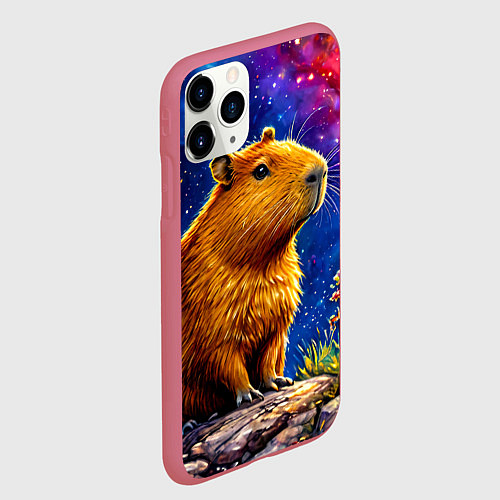 Чехол iPhone 11 Pro матовый Капибара и звездная ночь / 3D-Малиновый – фото 2