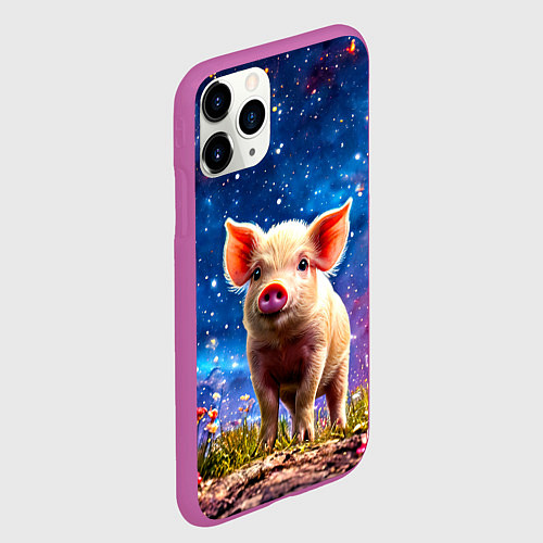 Чехол iPhone 11 Pro матовый Поросенок и звездное небо / 3D-Фиолетовый – фото 2