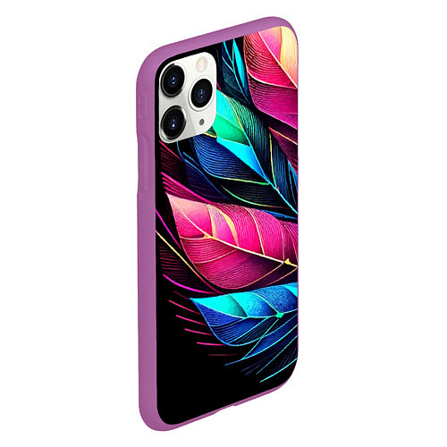 Чехол iPhone 11 Pro матовый Букет из цветных перьев - неон / 3D-Фиолетовый – фото 2