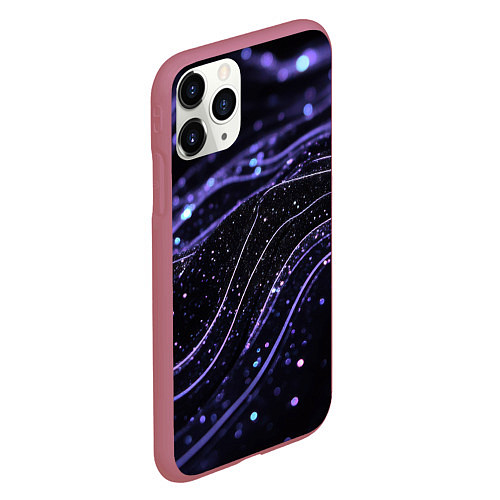 Чехол iPhone 11 Pro матовый Фиолетовые волнистые линии на черном / 3D-Малиновый – фото 2