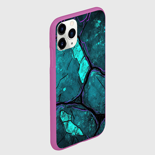 Чехол iPhone 11 Pro матовый Зеленые разломленные плиты с фиолетовой обводкой / 3D-Фиолетовый – фото 2