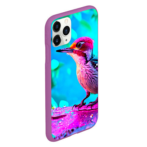 Чехол iPhone 11 Pro матовый Дятел и яркий пейзаж / 3D-Фиолетовый – фото 2