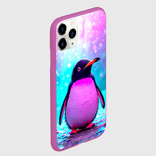 Чехол iPhone 11 Pro матовый Пингвин в неоновых искрах / 3D-Фиолетовый – фото 2