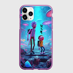 Чехол iPhone 11 Pro матовый Рик и Морти на планете неоновых грибов - нейроарт, цвет: 3D-фиолетовый