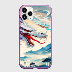 Чехол iPhone 11 Pro матовый Дракон на фоне японского пейзажа, цвет: 3D-фиолетовый