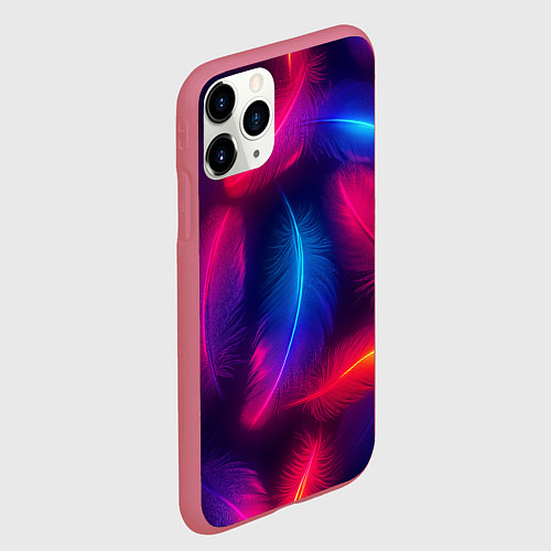 Чехол iPhone 11 Pro матовый Вспыхивающие перья - неоновое свечение / 3D-Малиновый – фото 2