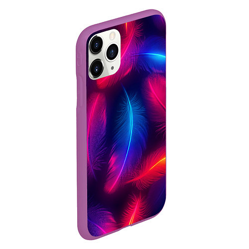 Чехол iPhone 11 Pro матовый Вспыхивающие перья - неоновое свечение / 3D-Фиолетовый – фото 2