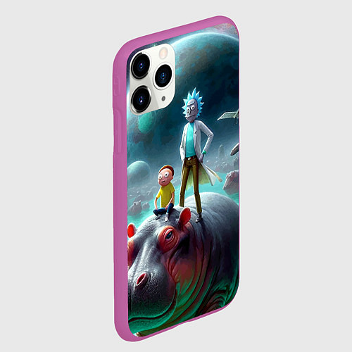 Чехол iPhone 11 Pro матовый Рик и Морти сидят на бегемоте - нейроарт фантазия / 3D-Фиолетовый – фото 2