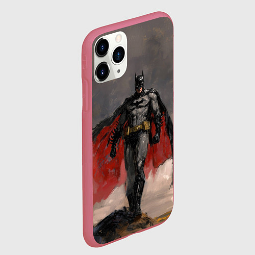 Чехол iPhone 11 Pro матовый Бэтмен стоит на обрыве скалы / 3D-Малиновый – фото 2