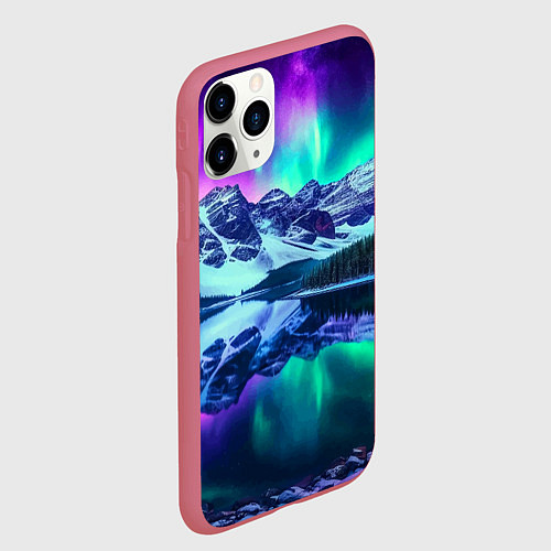 Чехол iPhone 11 Pro матовый Северное сияние над горами - неоновое свечение / 3D-Малиновый – фото 2