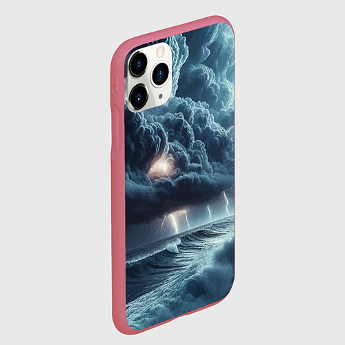 Чехол iPhone 11 Pro матовый Шторм на море - сверкание молний / 3D-Малиновый – фото 2