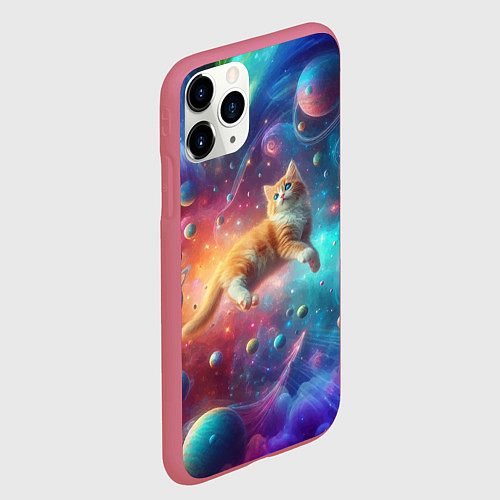 Чехол iPhone 11 Pro матовый Рыжий космический котёнок - неоновое свечение / 3D-Малиновый – фото 2