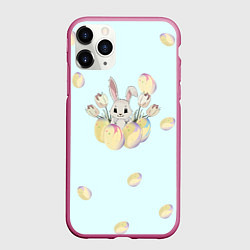 Чехол iPhone 11 Pro матовый Кролик радостный с яйцами, цвет: 3D-малиновый