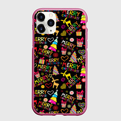 Чехол iPhone 11 Pro матовый Merry Christmas - паттерн, цвет: 3D-малиновый