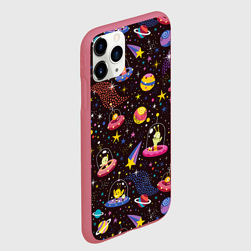 Чехол iPhone 11 Pro матовый Мультяшные космические обитатели / 3D-Малиновый – фото 2