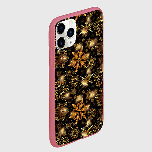 Чехол iPhone 11 Pro матовый Золотые снежинки / 3D-Малиновый – фото 2