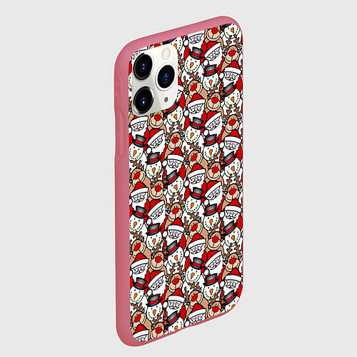 Чехол iPhone 11 Pro матовый Деды Морозы олени снеговики / 3D-Малиновый – фото 2