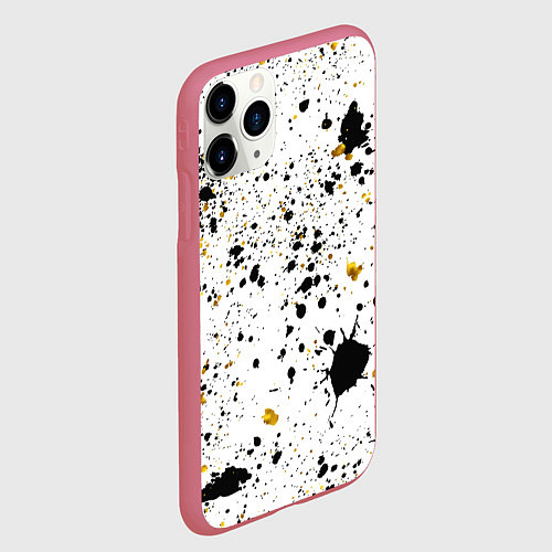 Чехол iPhone 11 Pro матовый Черные и золотистые пятна краски на белом фоне / 3D-Малиновый – фото 2