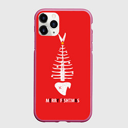 Чехол iPhone 11 Pro матовый Merry Christmas - skeleton fish, цвет: 3D-малиновый