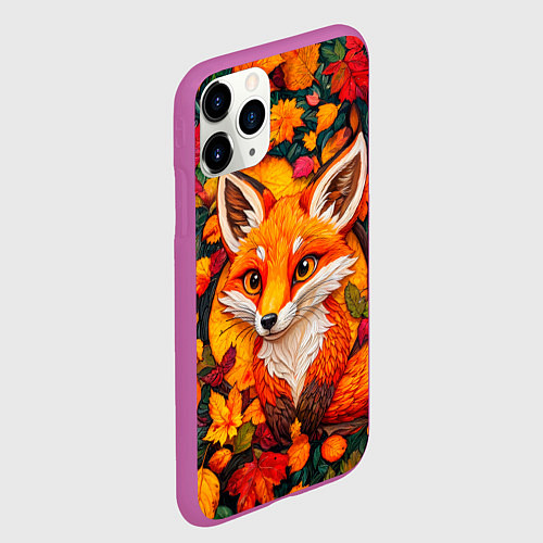 Чехол iPhone 11 Pro матовый Лисенок в осенних листьях / 3D-Фиолетовый – фото 2
