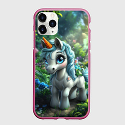 Чехол iPhone 11 Pro матовый Единорожка в зеленом лесу, цвет: 3D-малиновый