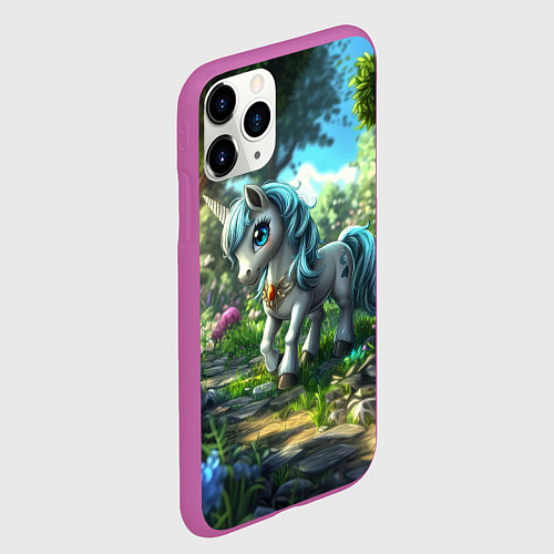 Чехол iPhone 11 Pro матовый Единорожка в дневном лесу / 3D-Фиолетовый – фото 2