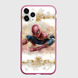 Чехол iPhone 11 Pro матовый Человек - паук розы и узоры, цвет: 3D-малиновый