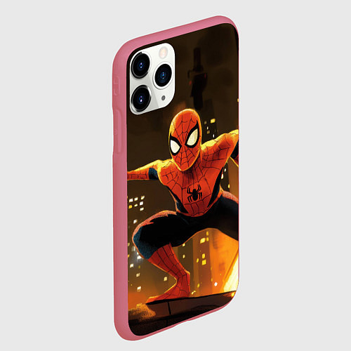 Чехол iPhone 11 Pro матовый Человек-паук пускает паутину / 3D-Малиновый – фото 2
