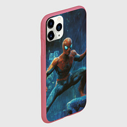 Чехол iPhone 11 Pro матовый Человек - паук в ночном городе, цвет: 3D-малиновый — фото 2