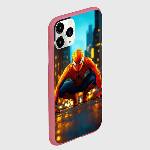 Чехол iPhone 11 Pro матовый Человек паук на старте / 3D-Малиновый – фото 2