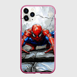 Чехол iPhone 11 Pro матовый Человек-паук палзет на стене, цвет: 3D-малиновый
