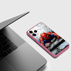 Чехол iPhone 11 Pro матовый Человек-паук палзет на стене, цвет: 3D-малиновый — фото 2