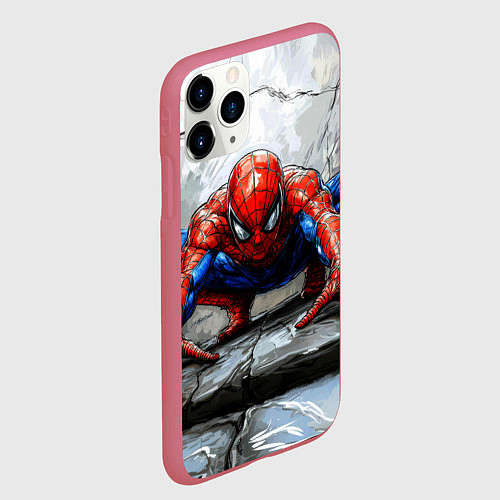 Чехол iPhone 11 Pro матовый Человек-паук палзет на стене / 3D-Малиновый – фото 2