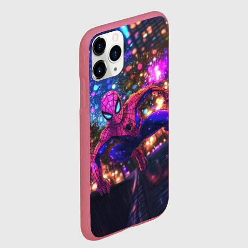 Чехол iPhone 11 Pro матовый Человек-паук и фиолетовый свет / 3D-Малиновый – фото 2