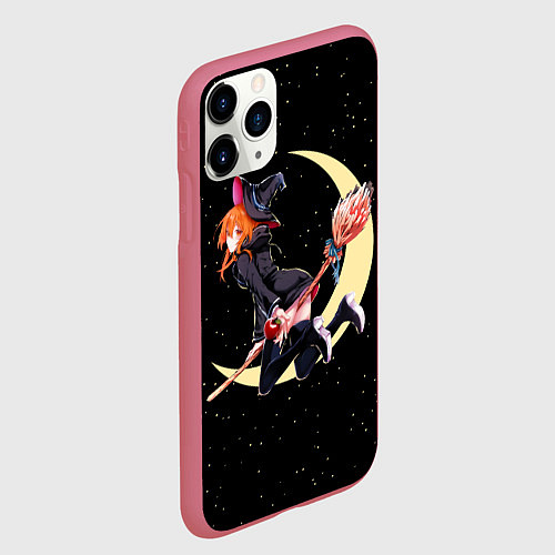 Чехол iPhone 11 Pro матовый Ведьма с яблоком летит на метле / 3D-Малиновый – фото 2