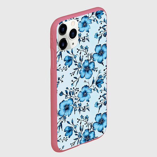 Чехол iPhone 11 Pro матовый Голубые цветы на светлом фоне паттерн / 3D-Малиновый – фото 2
