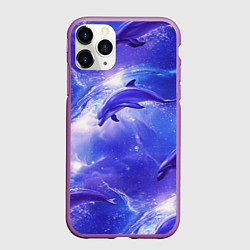 Чехол iPhone 11 Pro матовый Дельфины в волшебном море паттерн, цвет: 3D-фиолетовый