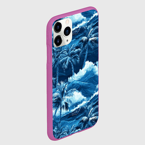 Чехол iPhone 11 Pro матовый Пальмы и волны - голубые оттенки паттерн / 3D-Фиолетовый – фото 2