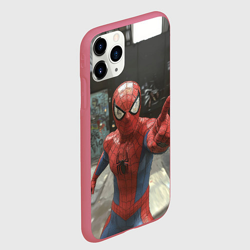 Чехол iPhone 11 Pro матовый Человек паук предупреждает / 3D-Малиновый – фото 2