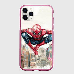 Чехол iPhone 11 Pro матовый Человек паук паркур, цвет: 3D-малиновый