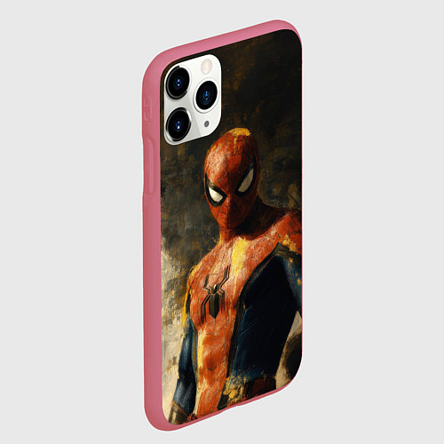 Чехол iPhone 11 Pro матовый Человек-паук портрет / 3D-Малиновый – фото 2