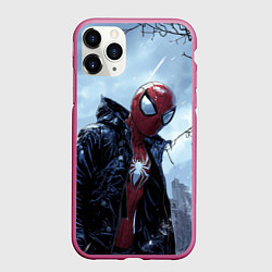 Чехол iPhone 11 Pro матовый Человек-паук в куртке, цвет: 3D-малиновый