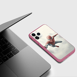 Чехол iPhone 11 Pro матовый Человек паук в полете, цвет: 3D-малиновый — фото 2